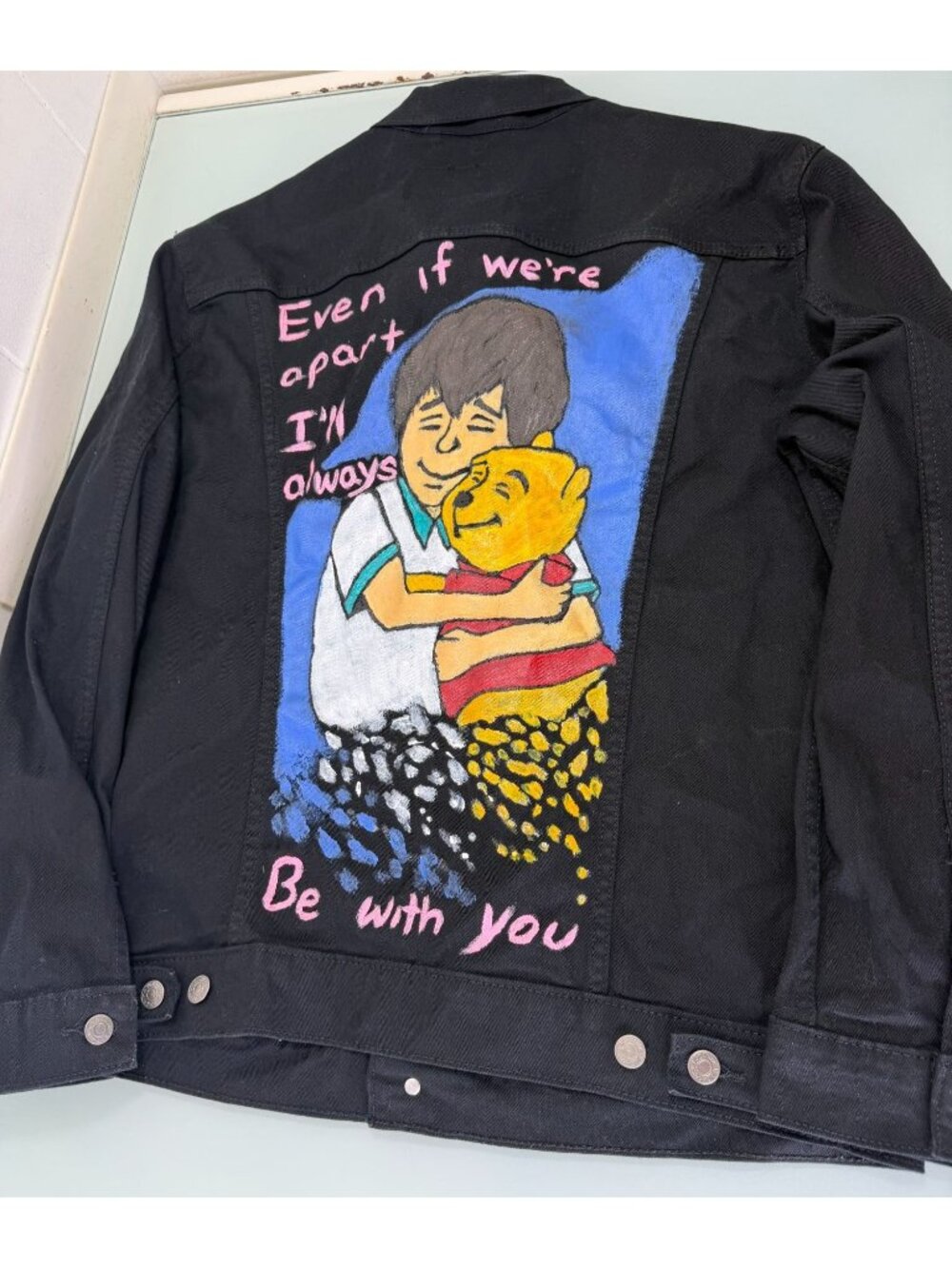 Levi Strauss Denim Jacket Mens Large L Custom Hand Painted Winnie The Pooh Black